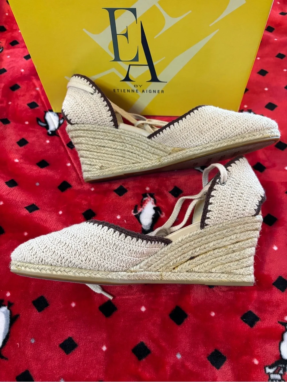 Espadrille Crochet Tie-Front Slingback Wedge Heels in Cream and Brown